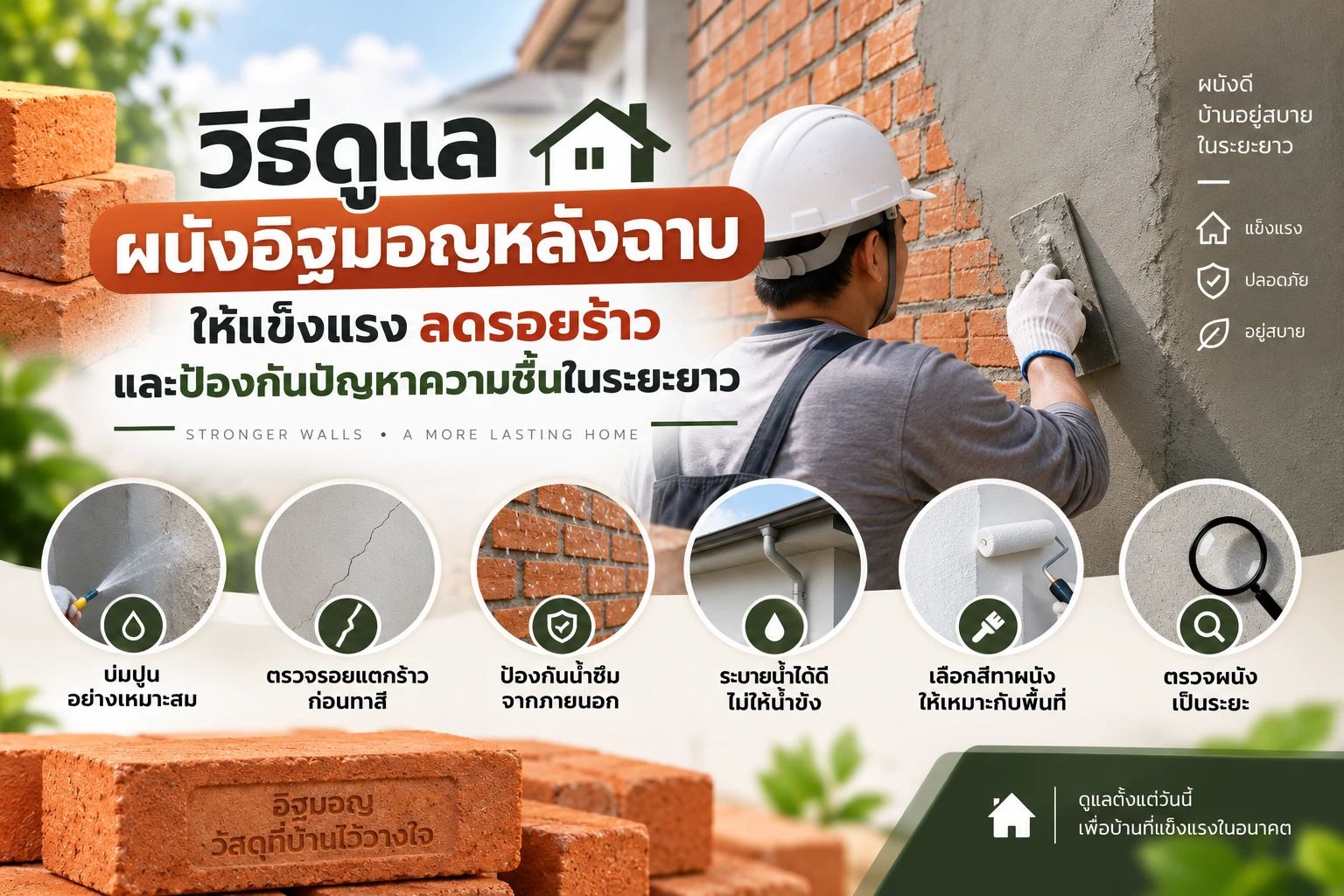 วิธีดูแลผนังอิฐมอญหลังฉาบให้แข็งแรง ลดรอยร้าว และป้องกันปัญหาความชื้นในระยะยาว